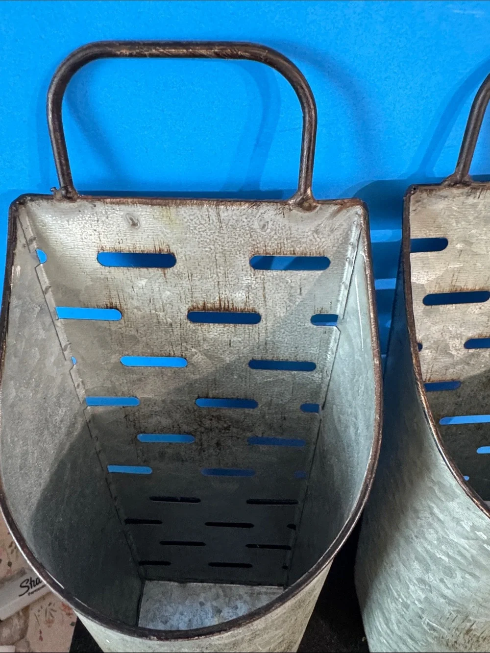 2 Galvanized Wall Pocket Planter - Rustic Silver Metal Hanging Vase with Handles